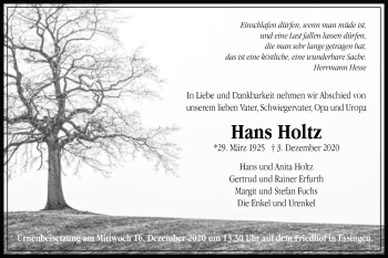 Traueranzeige von Hans Holtz von Schwäbische Post