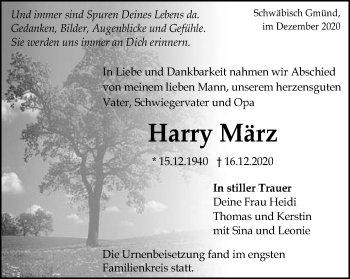 Traueranzeige von Harry März von Gmünder Tagespost