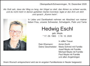 Traueranzeige von Hedwig Eschl von Schwäbische Post