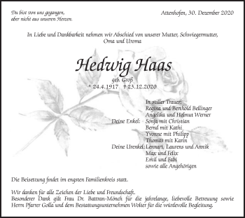 Traueranzeige von Hedwig Haas von Schwäbische Post