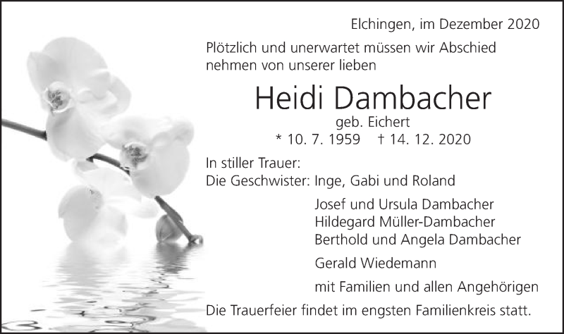 Traueranzeige für Heidi Dambacher vom 19.12.2020 aus Schwäbische Post