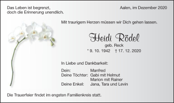 Traueranzeige von Heidi Rödel von Schwäbische Post