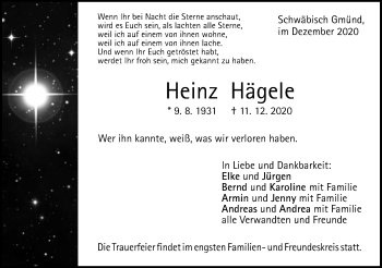 Traueranzeige von Heinz Hägele von Gmünder Tagespost