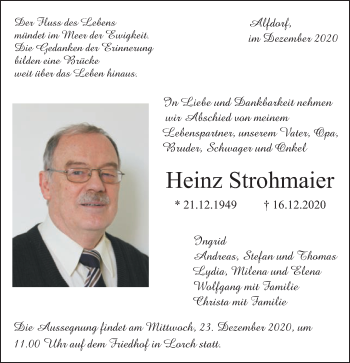 Traueranzeige von Heinz Strohmaier von Gmünder Tagespost