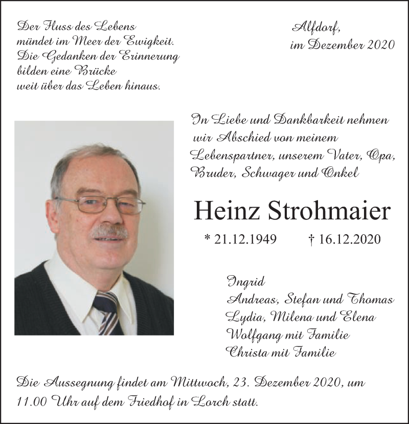  Traueranzeige für Heinz Strohmaier vom 19.12.2020 aus Gmünder Tagespost
