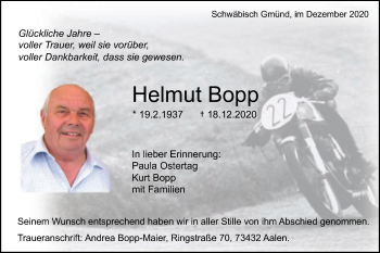 Traueranzeige von Helmut Bopp von Gmünder Tagespost