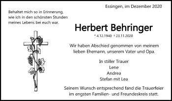 Traueranzeige von Herbert Behringer von Schwäbische Post
