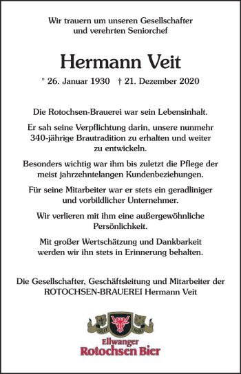Traueranzeige von Hermann Veit von Schwäbische Post