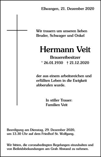 Traueranzeige von Hermann Veit von Schwäbische Post