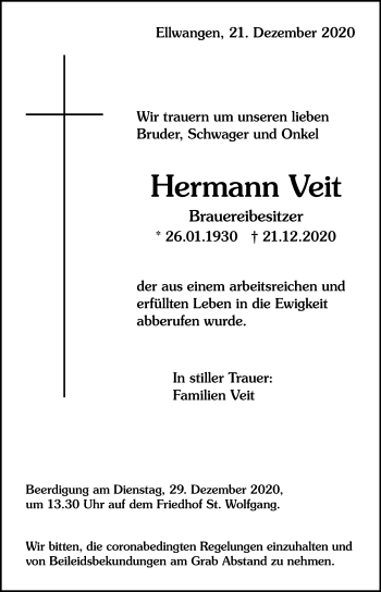 Traueranzeige von Hermann Veit