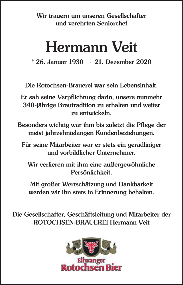  Traueranzeige für Hermann Veit vom 24.12.2020 aus Schwäbische Post