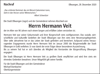 Traueranzeige von Hermann Veit von Schwäbische Post