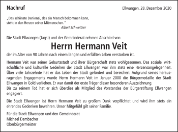 Traueranzeige von Hermann Veit