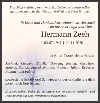 Traueranzeige von Hermann Zeeh von Gmünder Tagespost