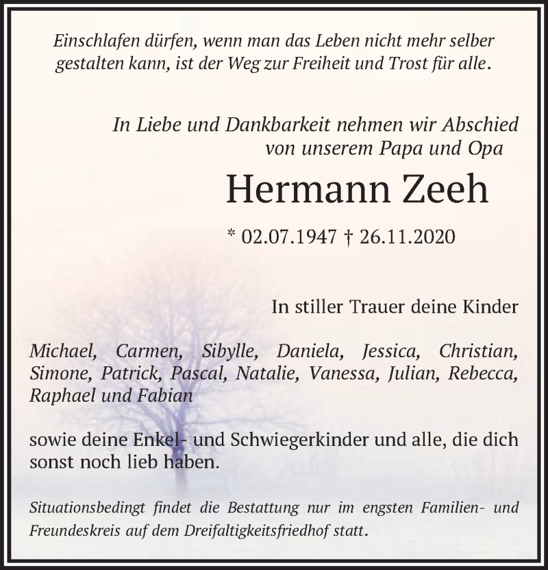  Traueranzeige für Hermann Zeeh vom 02.12.2020 aus Gmünder Tagespost