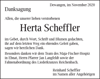 Traueranzeige von Herta Scheffler von Schwäbische Post