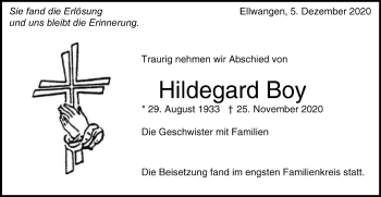 Traueranzeige von Hildegard Boy von Schwäbische Post