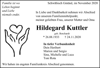 Traueranzeige von Hildegard Kuttler von Gmünder Tagespost
