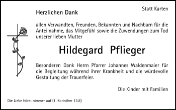 Traueranzeige von Hildegard Pflieger von Gmünder Tagespost