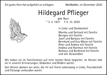 Traueranzeige von Hildegard Pflieger von Gmünder Tagespost