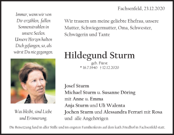 Traueranzeige von Hildegund Sturm von Schwäbische Post