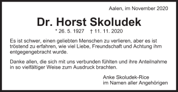 Traueranzeige von Horst Skoludek von Schwäbische Post
