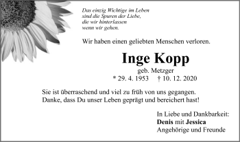 Traueranzeige von Inge Kopp von Gmünder Tagespost