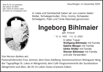 Traueranzeige von Ingeborg Bihlmaier von Gmünder Tagespost