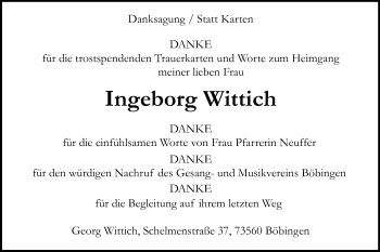 Traueranzeige von Ingeborg Wittich von Gmünder Tagespost