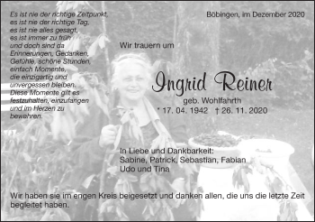 Traueranzeige von Ingrid Reiner von Schwäbische Post