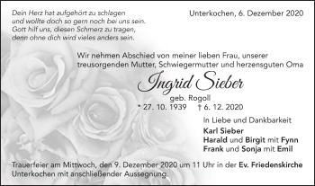 Traueranzeige von Ingrid Sieber von Schwäbische Post
