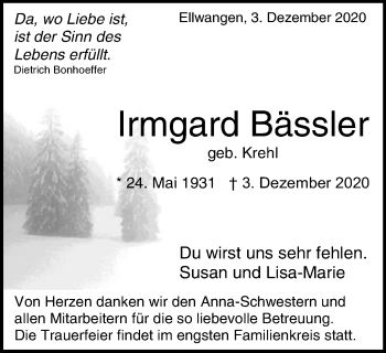 Traueranzeige von Irmgard Bässler von Schwäbische Post