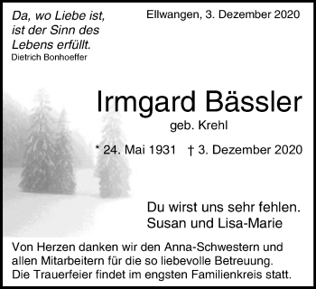 Traueranzeige von Irmgard Bässler