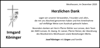 Traueranzeige von Irmgard Köninger von Schwäbische Post