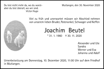 Traueranzeige von Joachim Beutel von Gmünder Tagespost