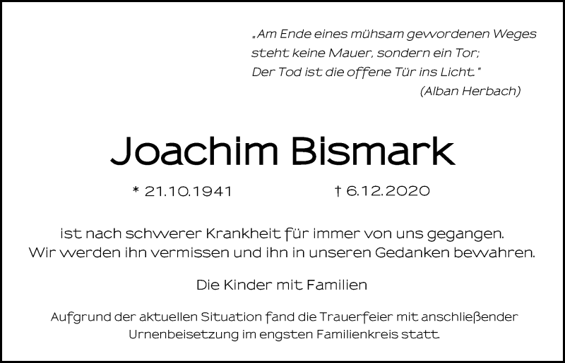  Traueranzeige für Joachim Bismark vom 19.12.2020 aus Schwäbische Post