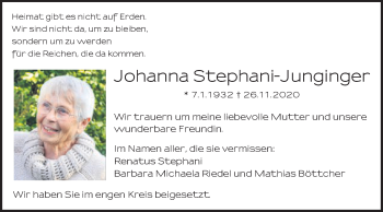 Traueranzeige von Johanna Stephani-Junginger von Schwäbische Post