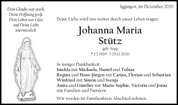 Traueranzeige von Johanna Maria Stütz von Gmünder Tagespost