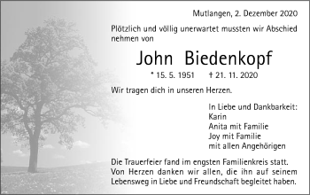 Traueranzeige von John Biedenkopf von Gmünder Tagespost