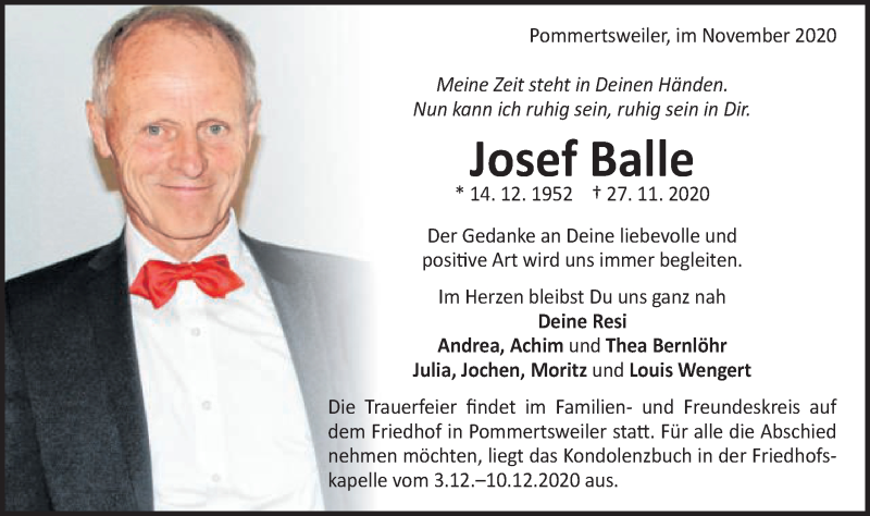  Traueranzeige für Josef Balle vom 01.12.2020 aus Schwäbische Post