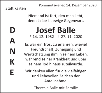 Traueranzeige von Josef Balle von Schwäbische Post