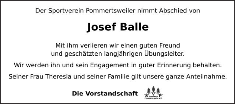  Traueranzeige für Josef Balle vom 01.12.2020 aus Schwäbische Post