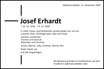 Traueranzeige von Josef Erhardt von Schwäbische Post