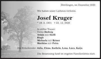 Traueranzeige von Josef Kruger von Schwäbische Post