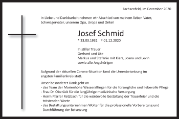 Traueranzeige von Josef Schmid von Schwäbische Post