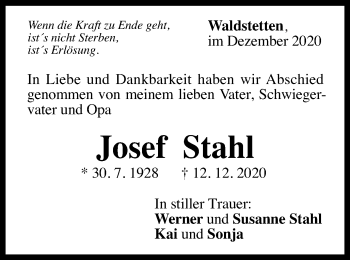 Traueranzeige von Josef Stahl von Gmünder Tagespost