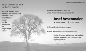 Traueranzeige von Josef Vesenmaier von Gmünder Tagespost