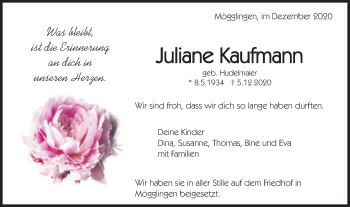 Traueranzeige von Juliane Kaufmann von Schwäbische Post