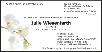 Traueranzeige von Julie Wiesenfarth von Schwäbische Post