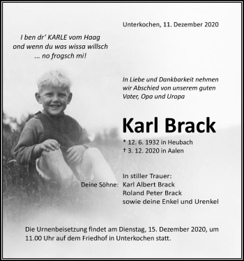 Traueranzeige von Karl Brack von Schwäbische Post